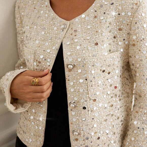 beige Women's Elegant Sequin Embellished Tweed Short Blazer Jacket - Picture 5 of 8
